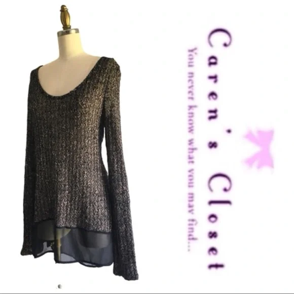 Lush Taupe & Black Knit Sweater with Attached Chiffon Shirt Hem Top. - Picture 4 of 7